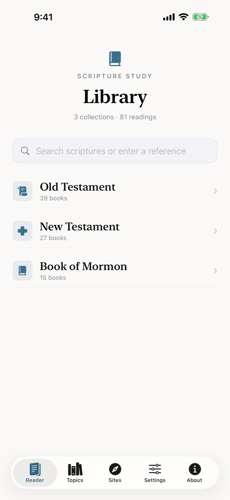 The Scripture Loom library showing the Old Testament, New Testament, and Book of Mormon