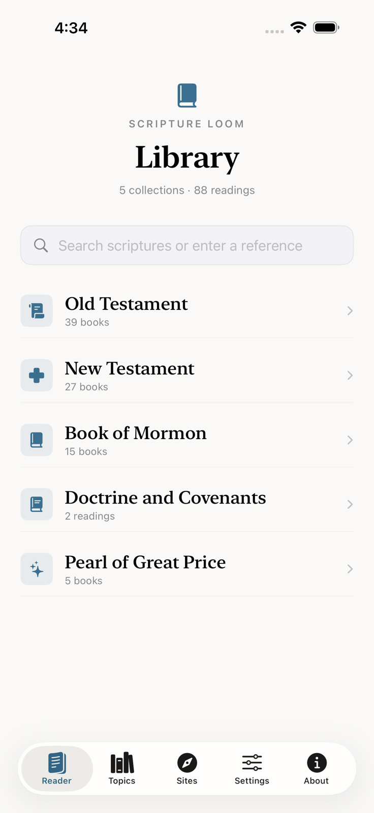 The Scripture Loom library showing the Old Testament, New Testament, Book of Mormon, Doctrine and Covenants, and Pearl of Great Price