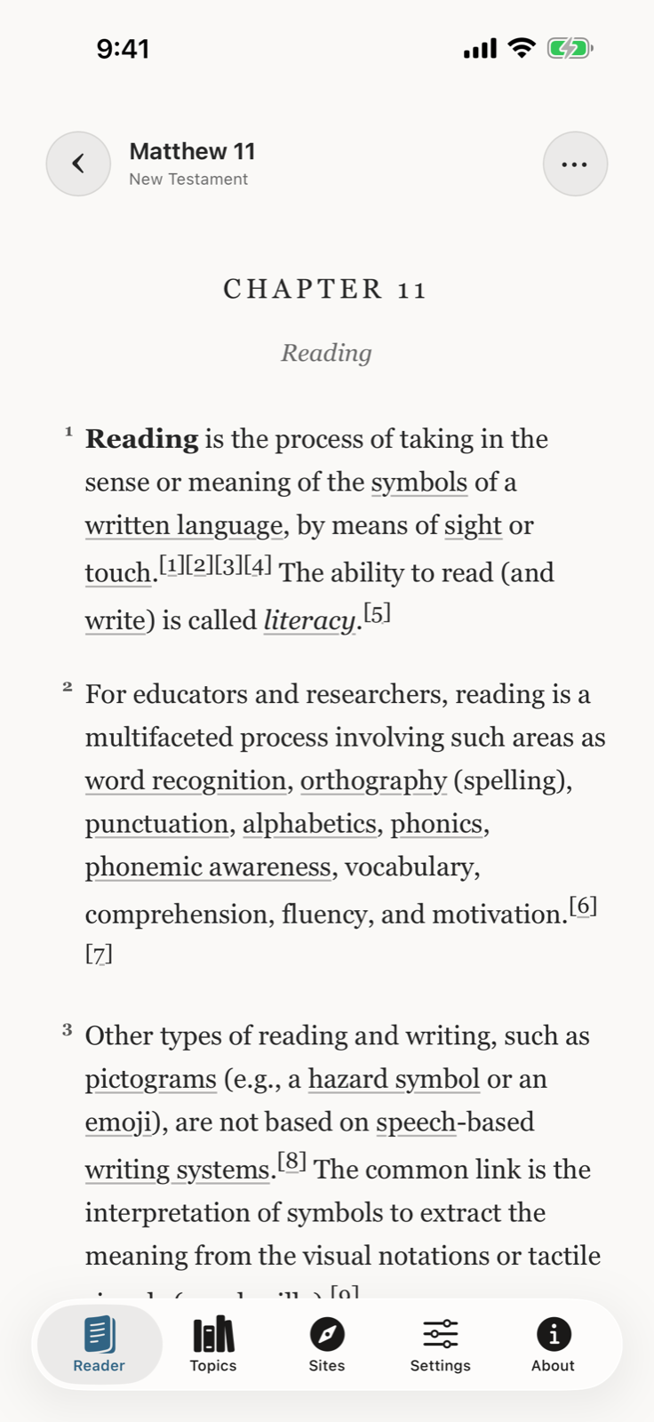 An article about reading displayed in Scripture Loom with a chapter heading and numbered passages