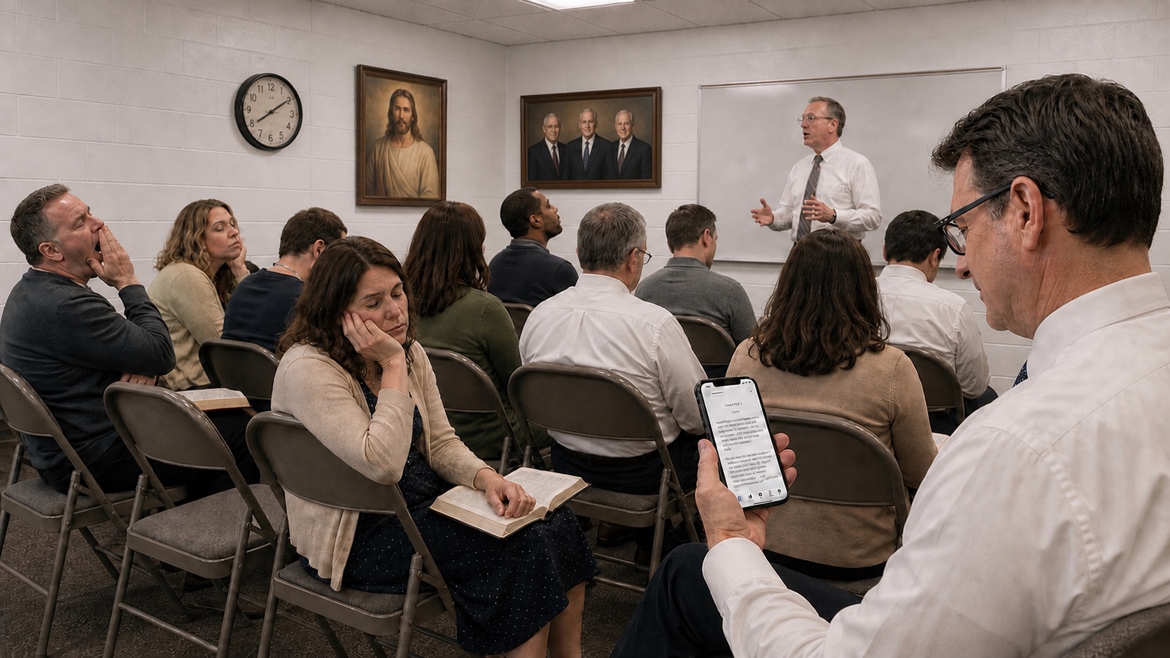 A calm man reads Scripture Loom on his phone while the rest of an adult Sunday School class looks spectacularly bored