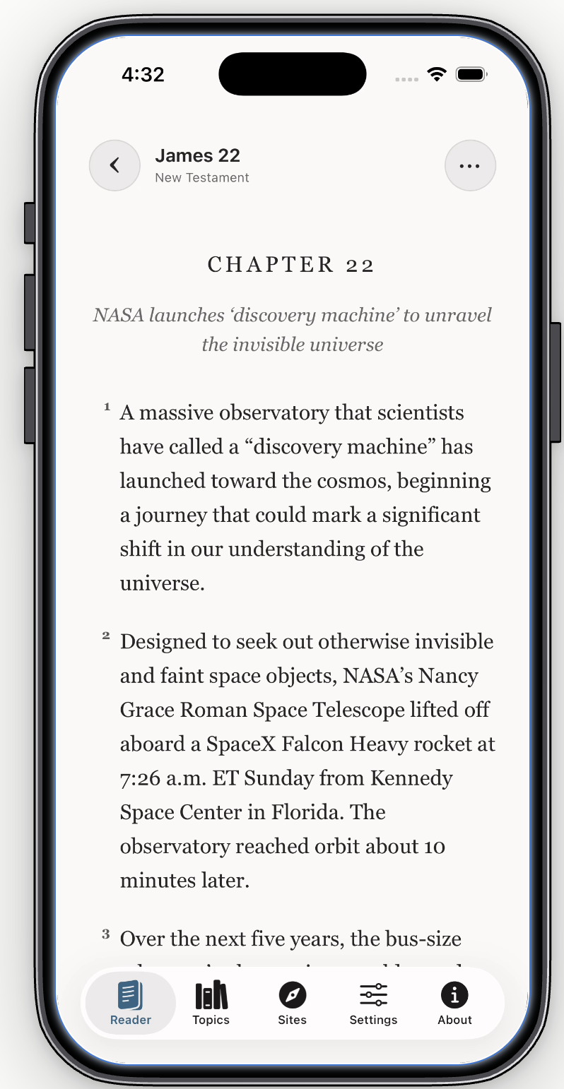 A NASA news article displayed in Scripture Loom as a chapter with calm, numbered passages